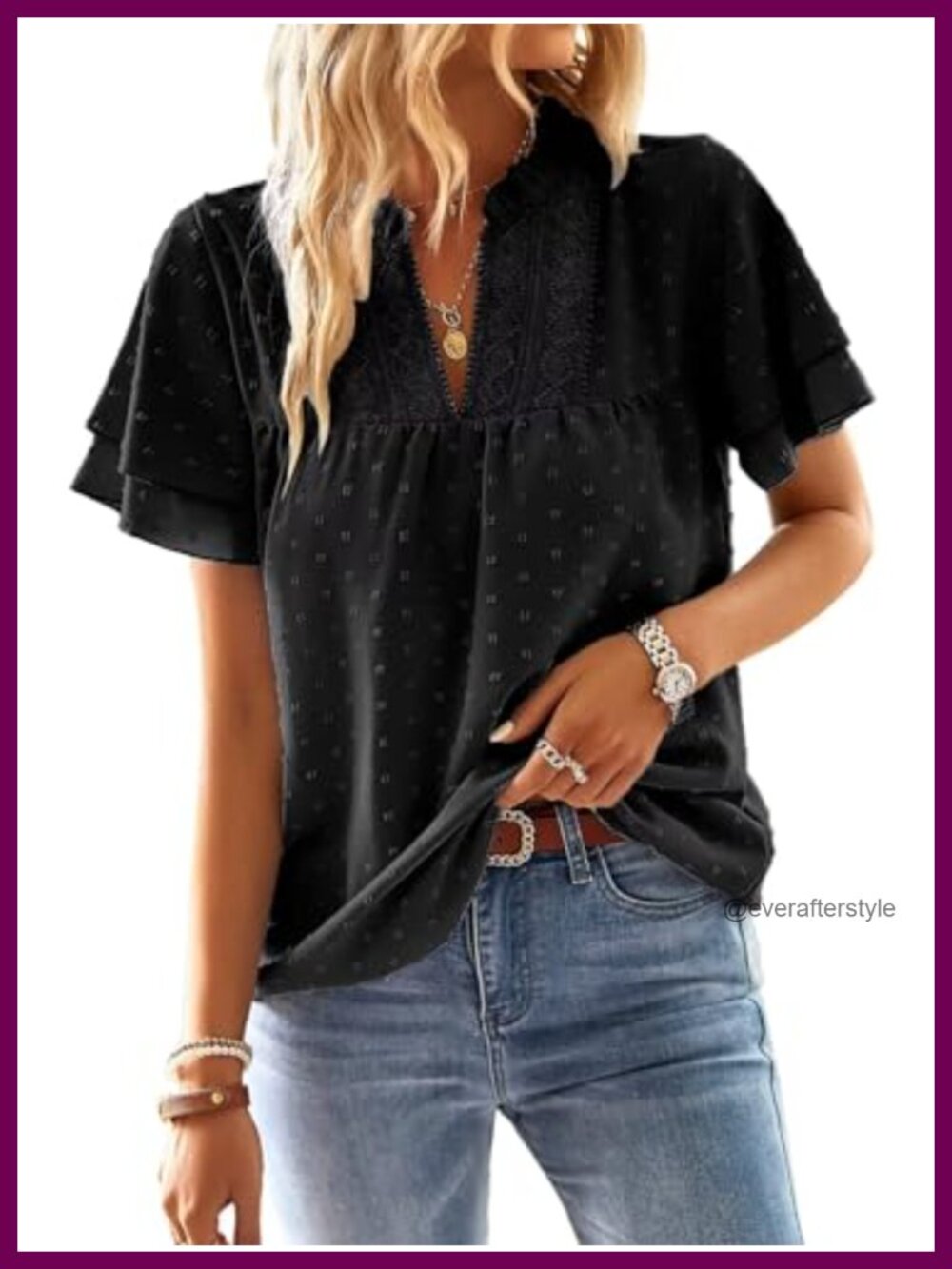 Womens V Neck Crochet Lace Butterfly Sleeve Blouse Flowy Boho Top